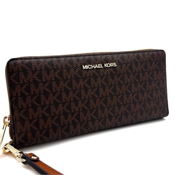 Michael Kors Large Continental Wallet Wristlet Leather Brown - Picture 1 of 8